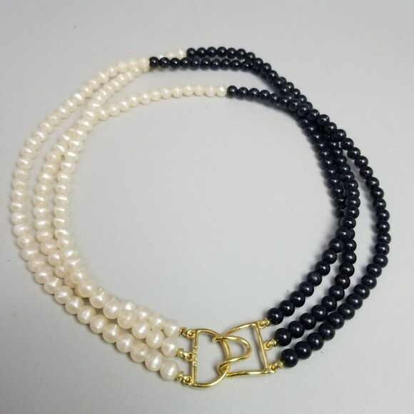 Vintage Monet Black and Cream Necklace 3 Multi Strands Black Faux Pearls, Signed - Picture 1 of 6